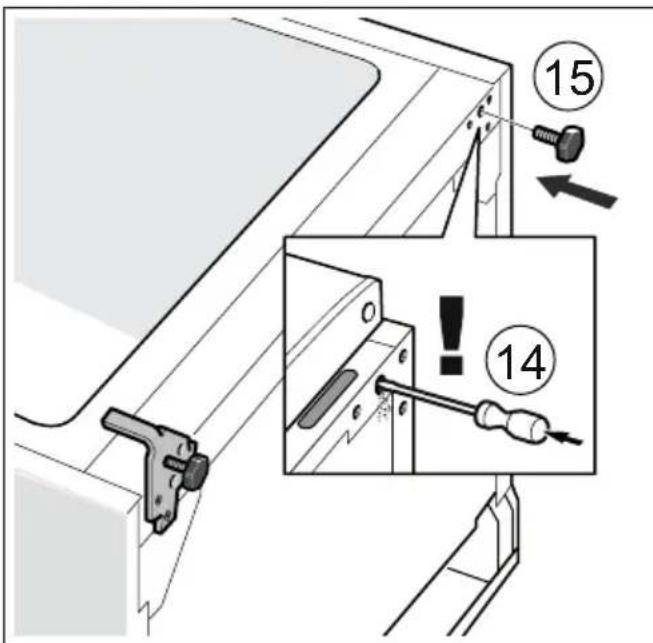Technical diagram showing mechanical assembly with numbered components and warning labels.