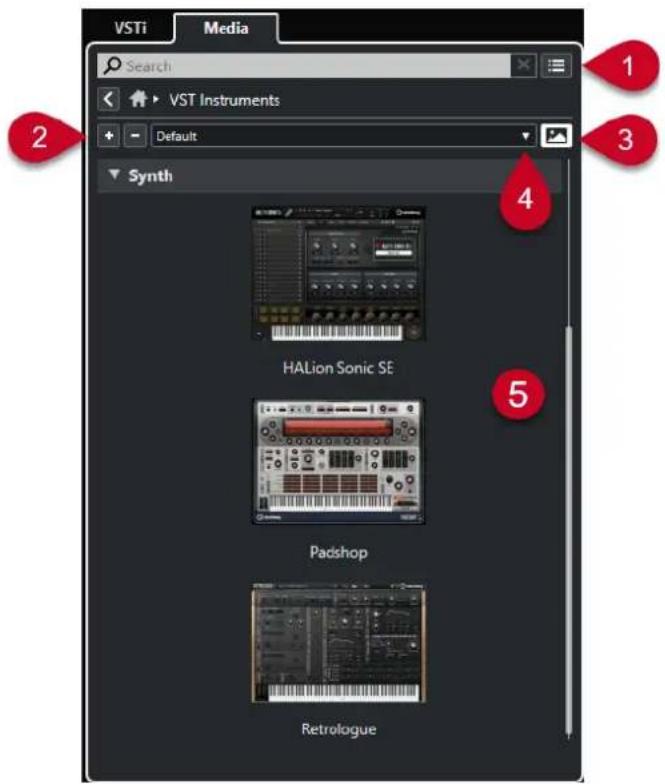 VSTi Média ; recherche ; instruments VST ; par défaut ; synthé ; HALion Sonic SE ; Padshop ; Retrologue
