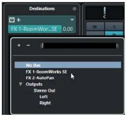 Destinations FX 1-RoomWor...SE 0.00 No Bus FX 1-RoomWorks SE FX 2-AutoPan Outputs Stereo Out Left Right