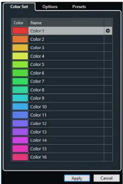 Ensemble de couleurs. Options. Presets. Couleur. Nom. Couleur 1, Couleur 2, Couleur 3, Couleur 4, Couleur 5, Couleur 6, Couleur 7, Couleur 8, Couleur 9, Couleur 10, Couleur 11, Couleur 12, Couleur 13, Couleur 14, Couleur 15, Couleur 16. Appliquer, Annuler.