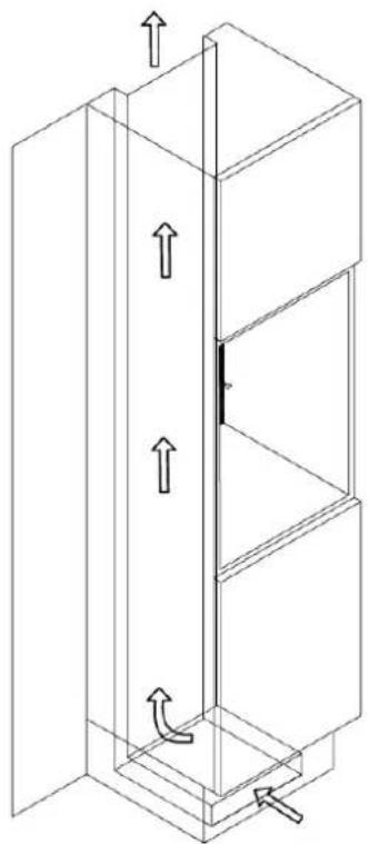 Isometric line drawing of a multi-level storage unit with internal shelves and directional arrows (no text or symbols)