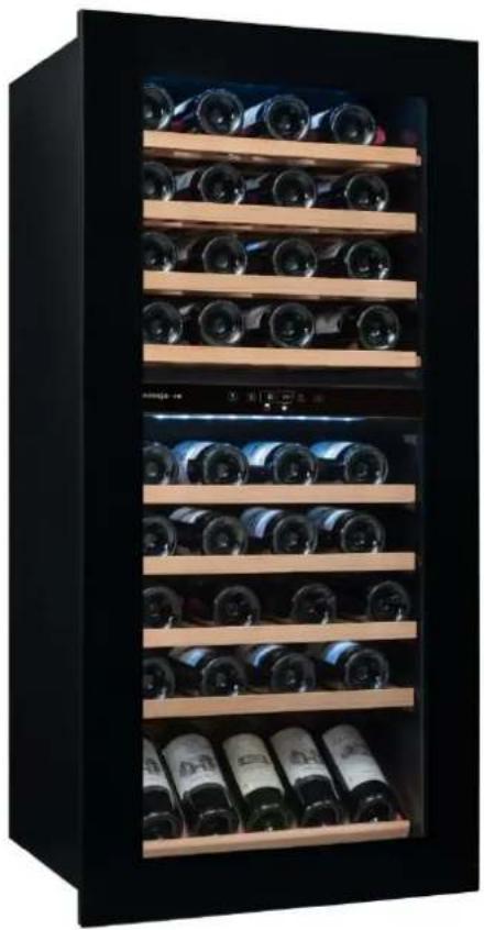 Black double-wire refrigerator with multiple wine bottles on shelves, no visible text or labels