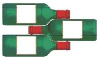 Three green wine bottles with red caps, arranged in a staggered pattern (no text or symbols visible)