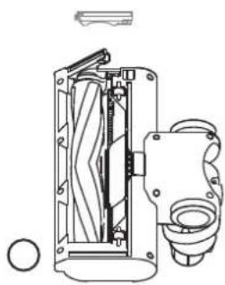 Technical line drawing of a mechanical device with internal components and mounting holes (no text or symbols).