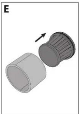 3D rendering of two cylindrical mechanical components with an arrow indicating transformation (no text or symbols).