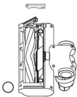 Technical line drawing of a mechanical device with internal components and mounting holes (no text or symbols).