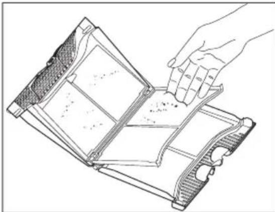 Line drawing of a hand placing a component into a device panel (no text or symbols)