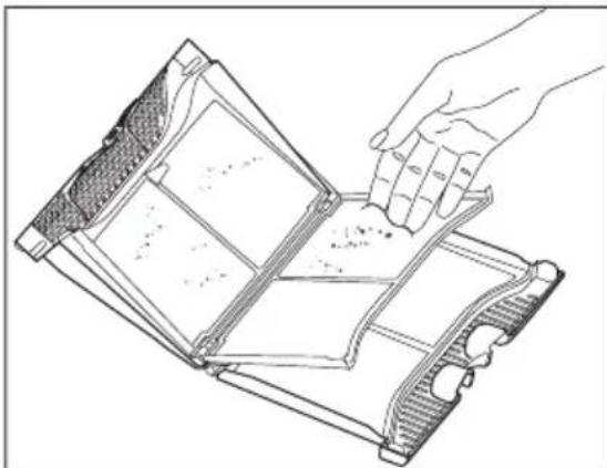 Line drawing of a hand opening a folded electronic device with visible internal components (no text or symbols)