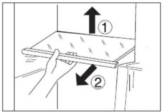 Diagram showing two hands holding a tray with arrows labeled ① and ② indicating movement or force direction.