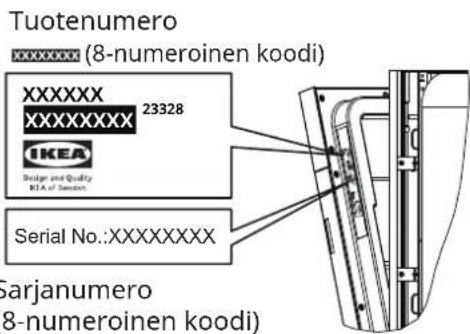 Tuotenumero XXXXXXXXX (8-numeroinen koodi) XXXXXXXXX 23328 IKEA Design and Quality KTA of Sweden Serial No.:XXXXXXXXX Sarjanumero (8-numeroinen koodi)