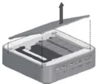 3D diagram of an open device with internal components and a directional arrow (no text or symbols)
