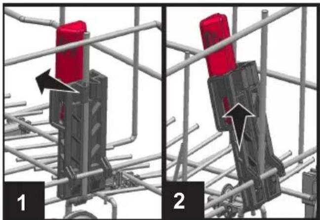 Two-panel diagram showing a red and black device mounted on a metal scaffolding frame, with arrows indicating movement or assembly.