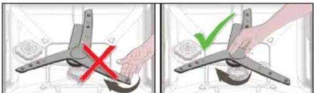 Two-panel illustration showing a hand operating a mechanical device with a red X and green checkmark indicating rotation.