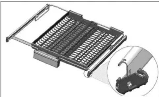 3D diagram of a mechanical device with an internal grid structure and an inset close-up showing a mechanical component. No text or symbols are present.