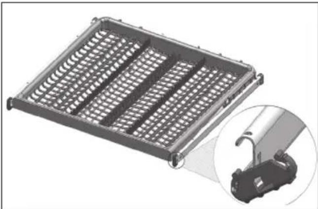 3D rendering of a rectangular metal tray with grid patterns and an inset close-up showing a mechanical component. No text or symbols are visible.