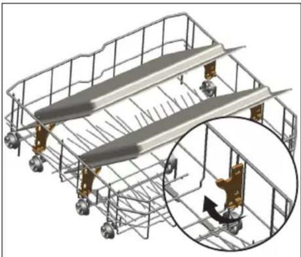 3D technical illustration of a multi-level metal shelving unit with structural beams and wheels, showing a close-up inset of the component (no text or symbols)