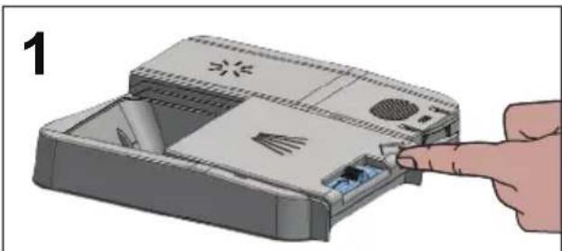 Illustration of a hand inserting a device into a plastic tray (no text or symbols visible)
