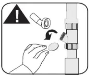 Safety warning illustration showing hand holding a screwdriver with warning symbol and clockwise arrow indicating rotation