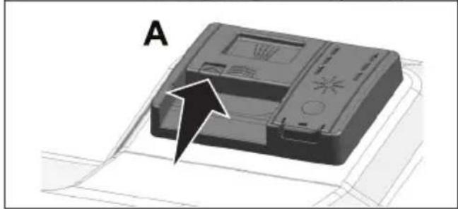 3D diagram of a printer with an arrow pointing to the front panel, labeled 'A' (no text or symbols on the device itself)
