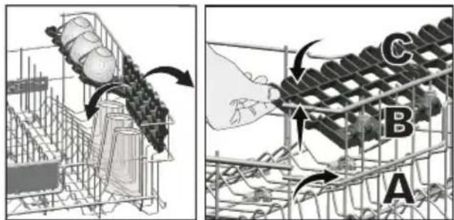 Technical diagram illustrating a mechanical assembly process with labeled components A, B, and C, showing transformation between two views.