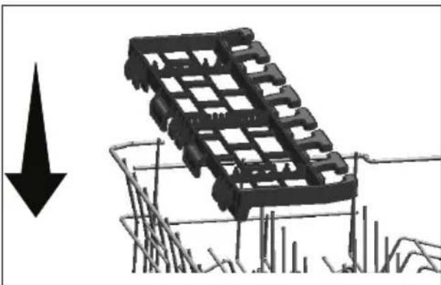 Black-and-white illustration of a grid-patterned object on a construction site with a downward arrow.