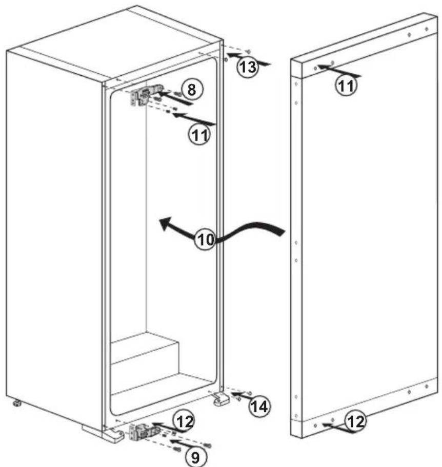Technical diagram of a refrigerator interior with numbered components and directional arrows indicating assembly or movement.