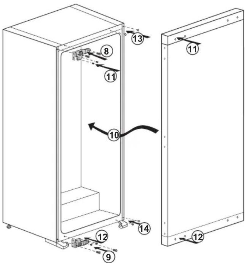 Technical diagram of a refrigerator interior with numbered components and directional arrows indicating assembly or movement.