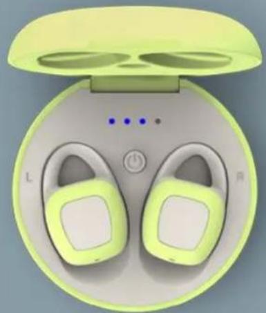 Illustration of a green and white wireless earbuds with a head cover, showing front and back views (no text or symbols)
