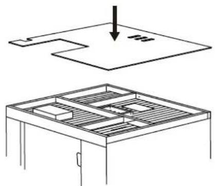 Technical line drawing showing a mechanical assembly with an arrow pointing to a component and a 3D grid layout below (no text or symbols)