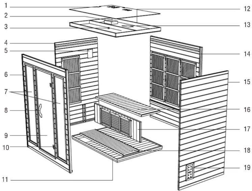 Exploded view diagram of a modular building with numbered components for identification