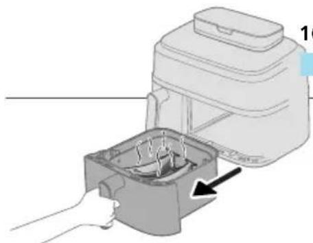 Illustration of a hand placing a small container into a device with an arrow indicating the component (no text or symbols present)