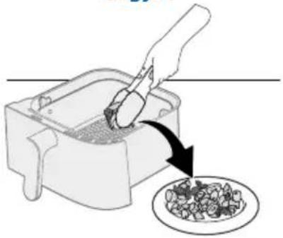 Illustration of a hand using a tool to clean food from a griddle, with a bowl of food being added (no text or symbols).