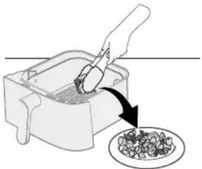 Illustration of a hand using a spatula to brush into a griddle with a bowl of food nearby (no text or symbols)