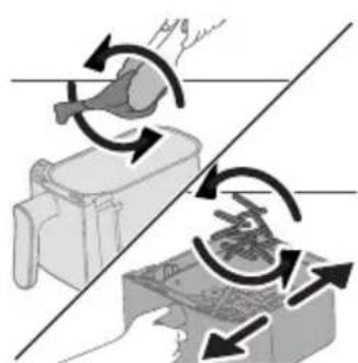 Illustration of a hand using a device to interact with a device, showing motion arrows (no text or symbols).