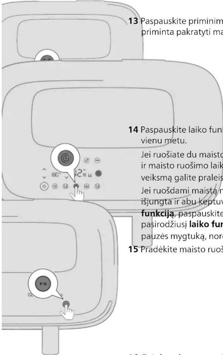 13 Paspauskite priminimą, priminta pakratyti maistą 14 Paspauskite laiko funkciją vienu metu. Jei ruošiate du maisto produktus ir maisto ruošimo laiką, veiksmą galite praleisti. Jei ruošdami maistą, maistas išjungtas ir abu keptuvės funkcija, paspauskite pasirodžiusią laiko funkciją, pauzės mygtuką,…