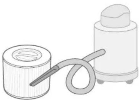 Illustration of a cylindrical device connected to a coiled hose and a cylindrical container (no text or symbols)