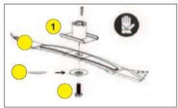 Diagram illustrating a mechanical or electrical component with labeled parts and a hand symbol indicating safety.