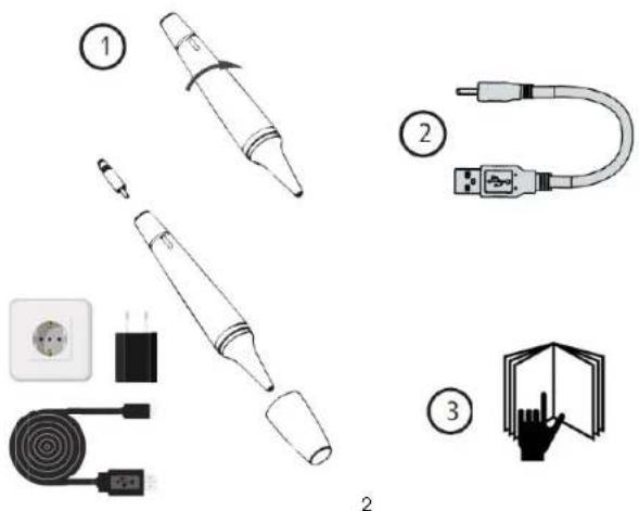 Diagram showing three labeled parts of a device with corresponding icons and labels: pen tip, plug, socket, and cable.