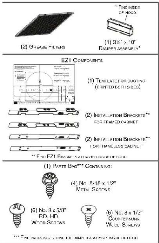 (2) GREASE FILTERS * FIND INSIDE OF HOOD (1) 3¼" x 10° DAMPER ASSEMBLY* EZ1 COMPONENTS (1) TEMPLATE FOR DUCTING (PRINTED BOTH SIDES) (2) INSTALLATION BRACKETS** FOR FRAMED CABINET (2) INSTALLATION BRACKETS** FOR FRAMELESS CABINET ** FIND EZ1 BRACKETS ATTACHED INSIDE OF HOOD (1) PARTS BAG*** CONTAINI…