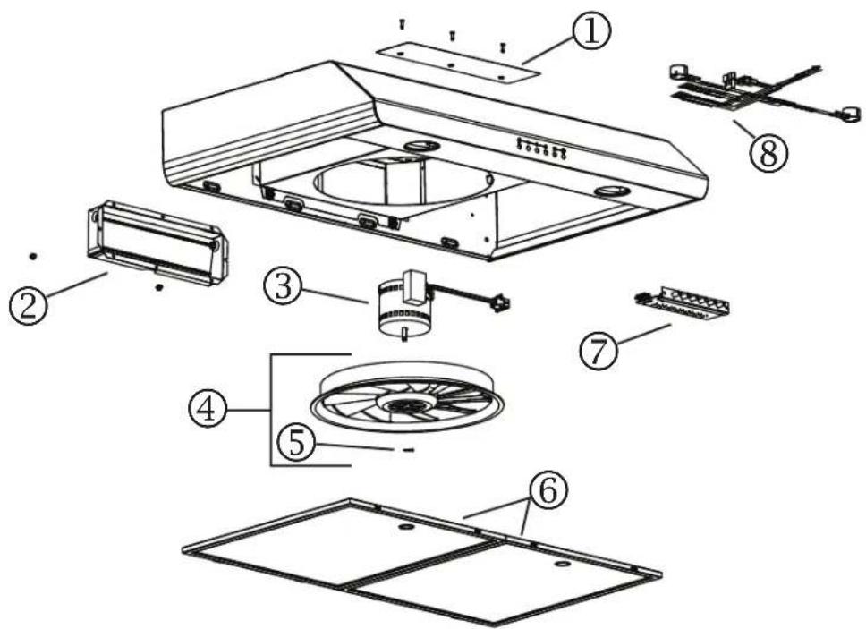 Exploded view diagram of a refrigerator with numbered parts for identification