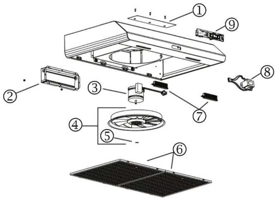 Exploded view diagram of a kitchen air conditioner with numbered parts for identification
