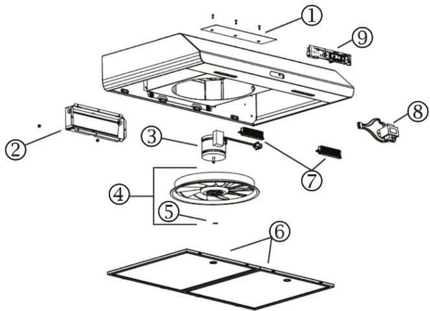 Exploded view diagram of a kitchen appliance with numbered parts for identification
