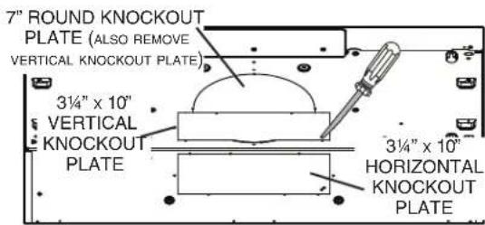 7" ROUND KNOCKOUT PLATE (ALSO REMOVE VERTICAL KNOCKOUT PLATE) 3¼" x 10" VERTICAL KNOCKOUT PLATE 3¼" x 10" HORIZONTAL KNOCKOUT PLATE