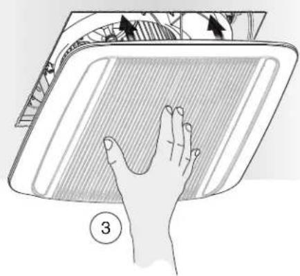 Illustration of a hand pressing down on a tray with directional arrows and a numbered label (3), no text or symbols present.