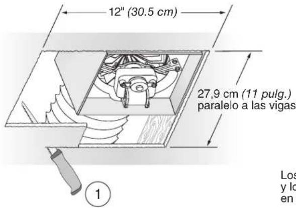 12" (30.5 cm) 27,9 cm (11 pulg.) paralelo a las vigas Los y lo en ①