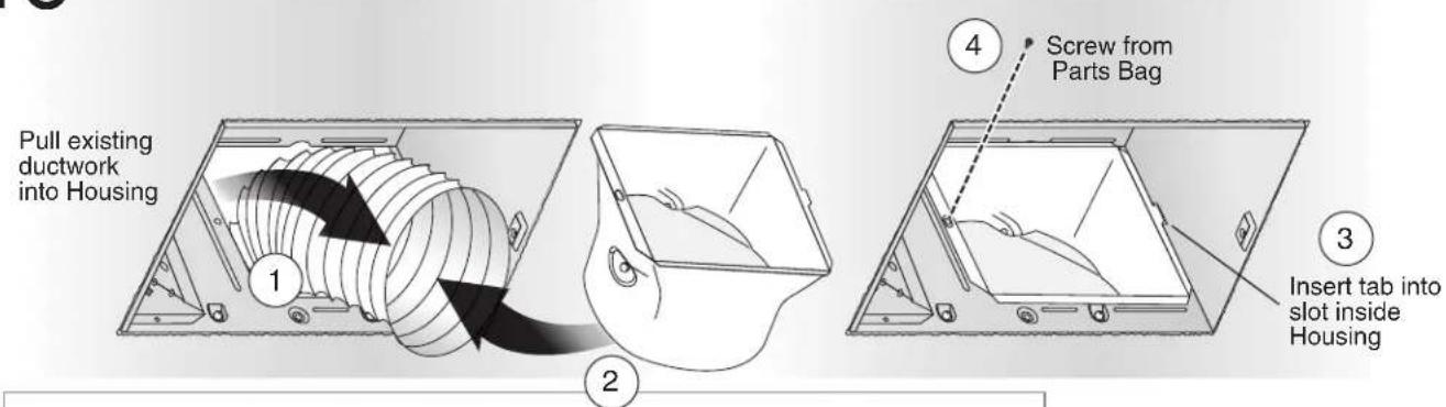 Pull existing ductwork into Housing ① ② ③ Insert tab into slot inside Housing ④ Screw from Parts Bag