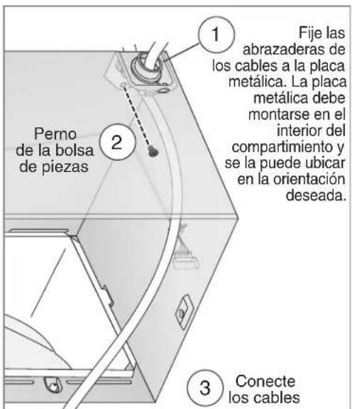 Perno de la bolsa de piezas 1 Fije las abrazaderas de los cables a la placa metálica. La placa metálica debe montarse en el interior del compartimiento y se la puede ubicar en la orientación deseada. 2 3 Conecte los cables