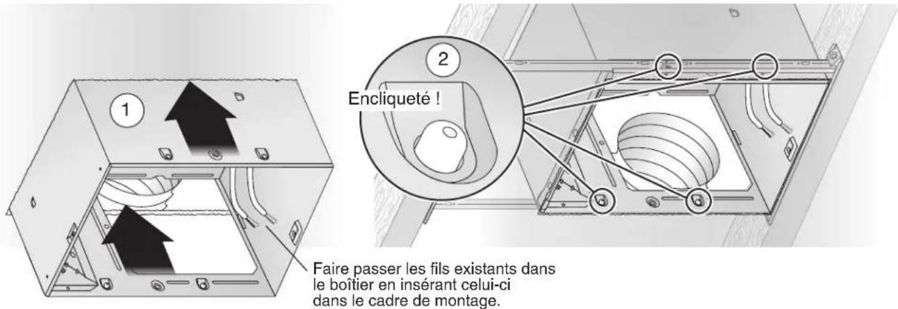 1 2 Encliqueté ! Faire passer les fils existants dans le boîtier en insérant celui-ci dans le cadre de montage.