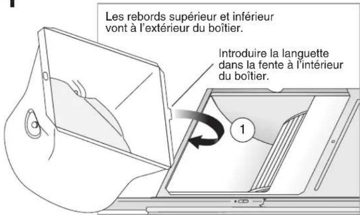 Les rebords supérieur et inférieur vont à l'extérieur du boîtier. Introduire la languette dans la fente à l'intérieur du boîtier.