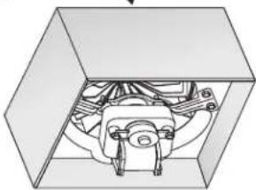 Technical line drawing of a mechanical assembly inside a transparent box (no text or symbols)